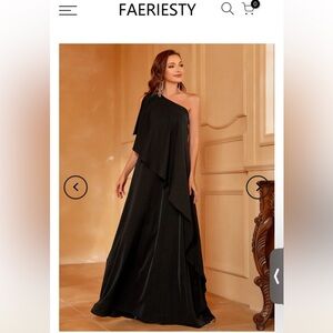 NWT FAERIESTY One Shoulder Ruffle Trim Chiffon Black Dress